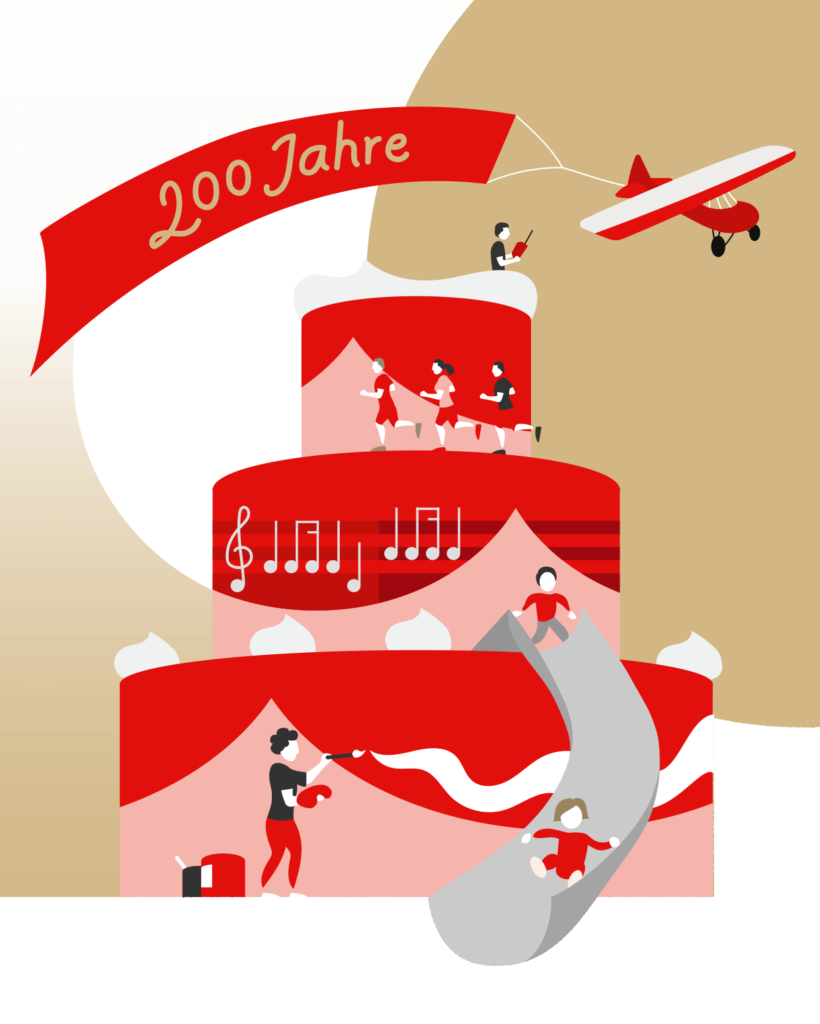 Eine grafisch aufbereitete rote Torte mit vielen verschiedenen Gestaltungselementen, die das Jubiläumsjahr der Sparkasse Mainfranken Würzburg zeigt