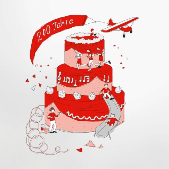 Eine rote Torte mit vielen verschiedenen grafischen Darstellungen mit Regionalbezug