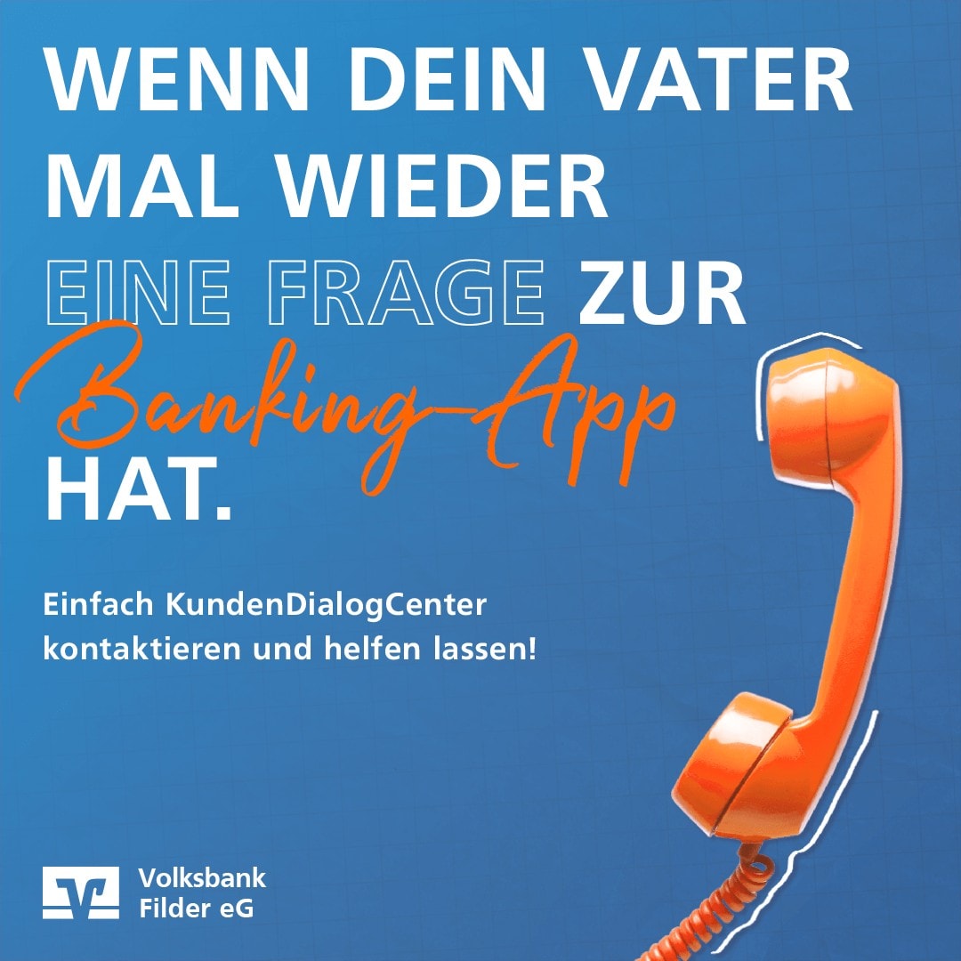 Ein Meme des KundenDialogCenters der Volksbank Filder, das ein Telefon zeigt
