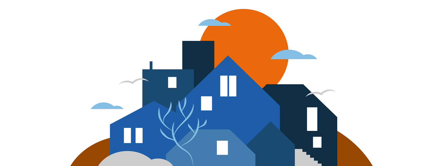 Ein illustriertes kreatives Cover zeigt verschiedene Häuser vor einer orangen Sonne.