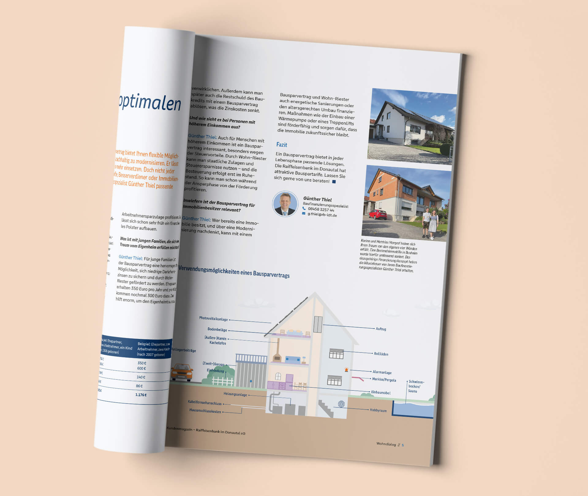 Ansicht einer Doppelseite des Kundenmagazins der Raiffeisenbank im Donautal eG. Die Doppelseite zeigt eine Illustration zum Thema Verwendungsmöglichkeiten eines Bausparvertrags.