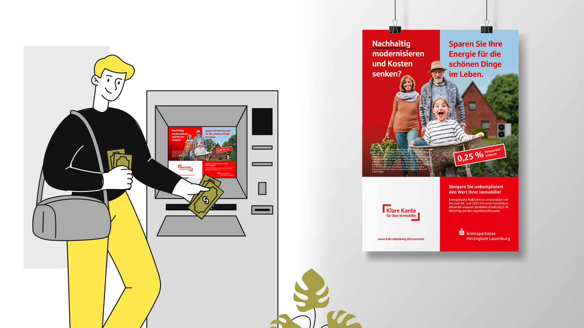 Das Plakat und die Werbefläche auf dem Geldautomat zum Thema Baufinanzierung der Kreissparkasse Herzogtum Lauenburg.