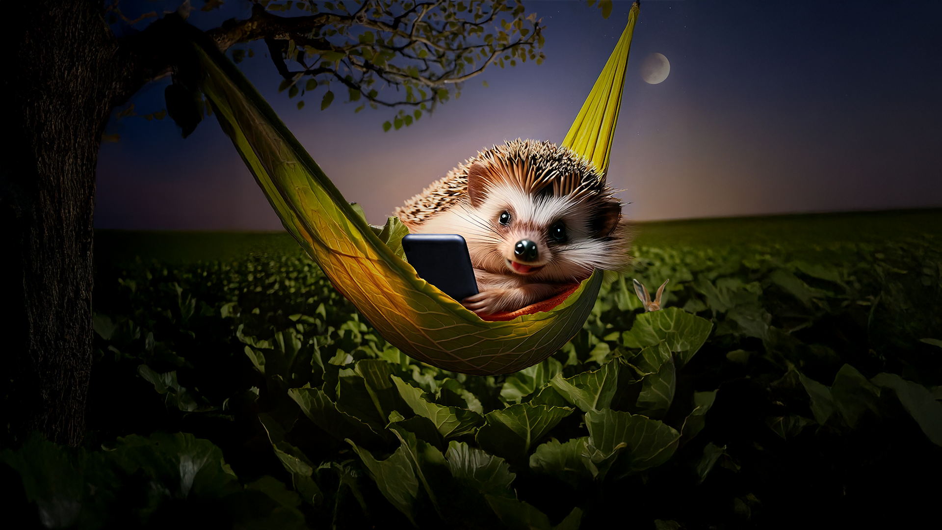 Ein Igel liegt bei Nacht in einer Hängematte und hat sein Smartphone in den Tatzen. Um ihn herum sieht man ein Feld aus Filderkohl.