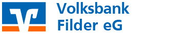 Horizontales Logo der Vorlksbank Filder in den Farben weiß, blau und orange.