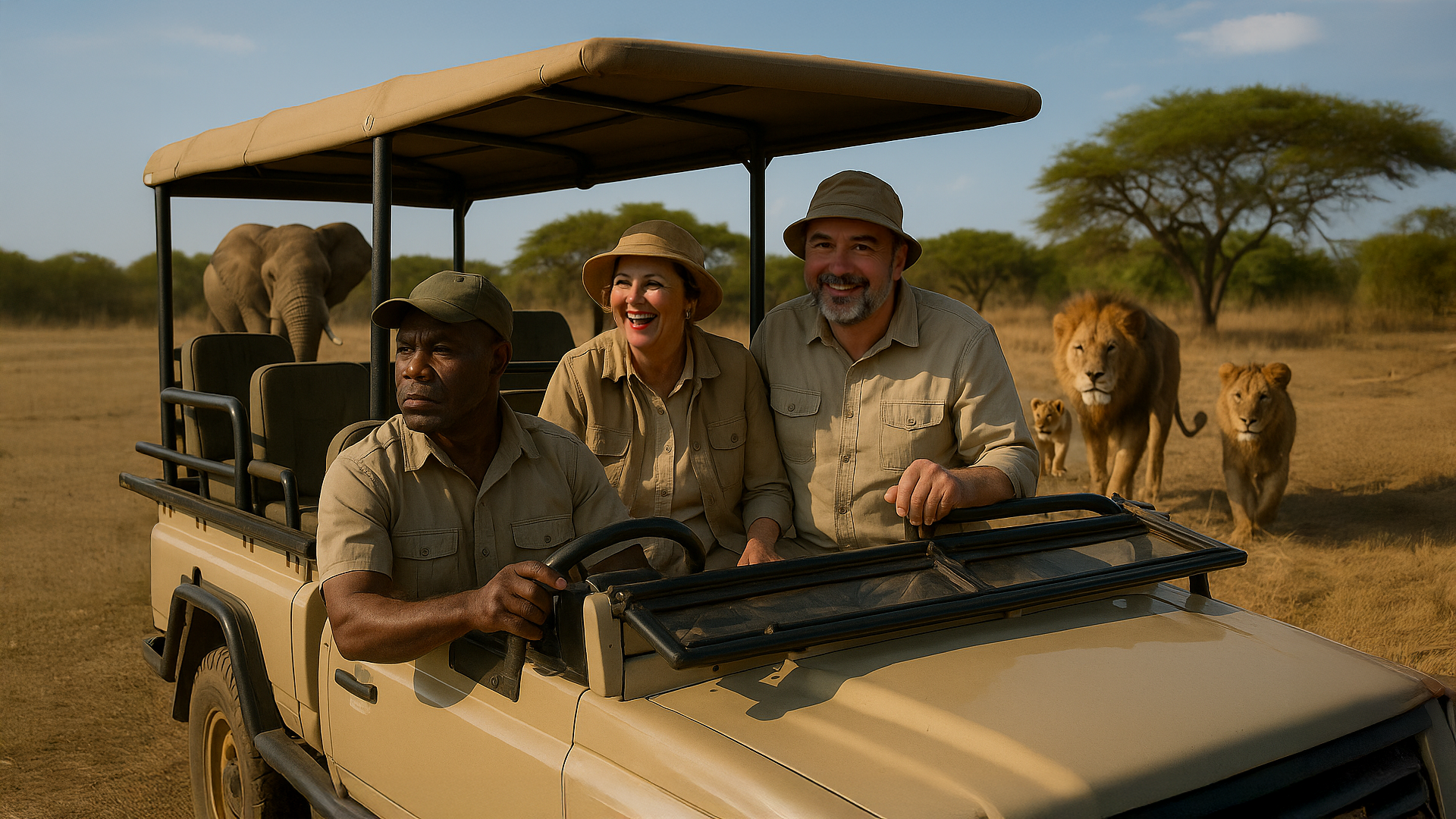 Ein stilvoll gekleidetes, älteres Ehepaar im Safari-Look genießt gemeinsam mit einem erfahrenen Ranger eine abenteuerliche Jeep-Tour durch die Wildnis. Umgeben von majestätischen Tieren – ein Elefant zieht gemächlich vorbei, während eine Löwenfamilie entspannt entlang spaziert – erleben sie die Faszination Afrikas hautnah.