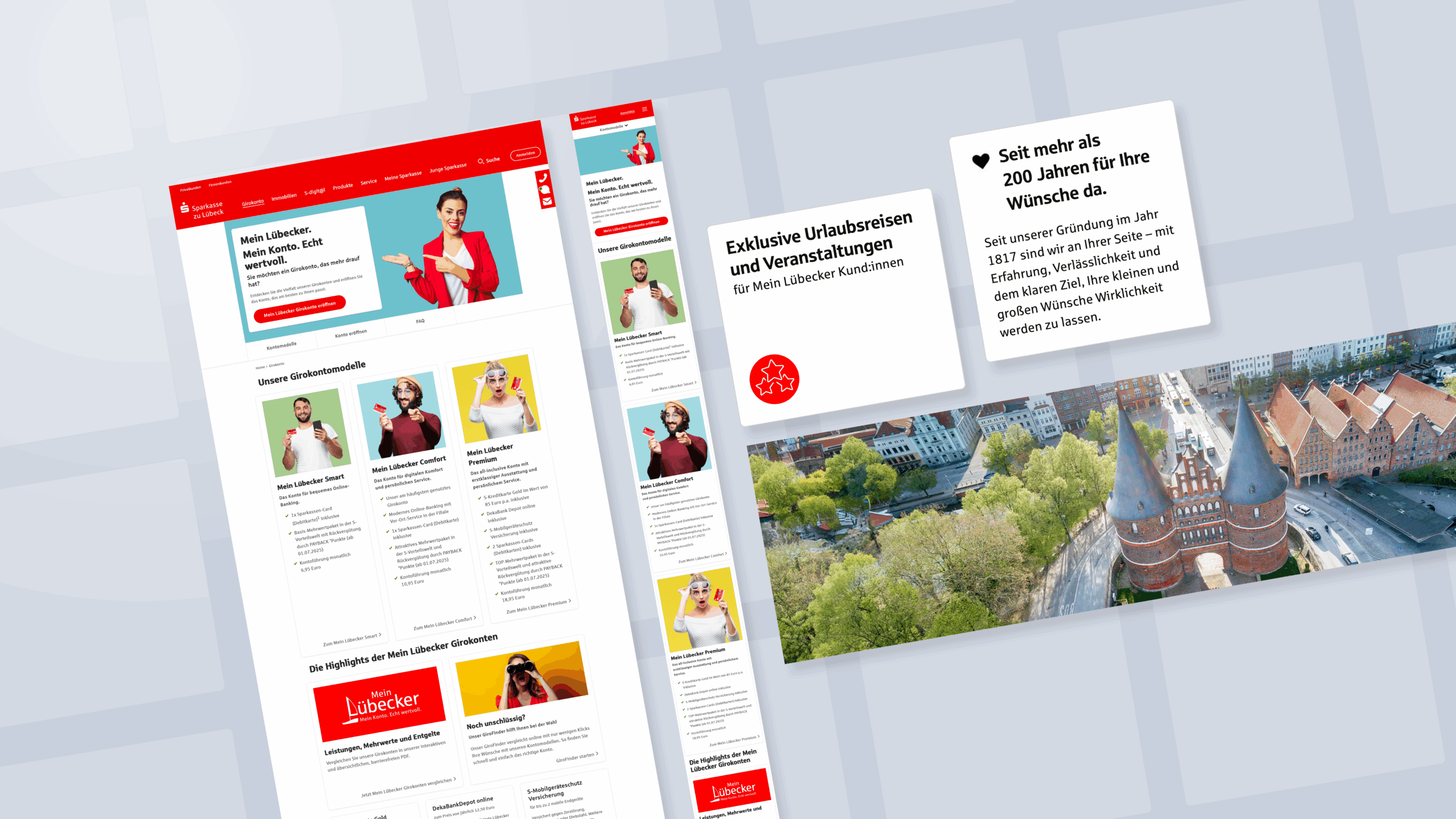 Die Webseite der Sparkasse zu Lübeck auf grauem Grund mit einzelnen Frames und Elementen