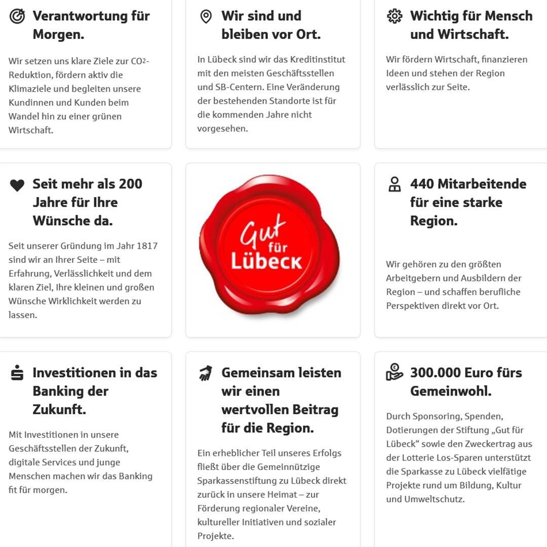 Das rote Siegel "Gut für Lübeck" steht im Mittelpunkt und rundherum sind wichtige Punkte, wie "Wir sind und bleiben vor Ort" mit einem Icon platziert.