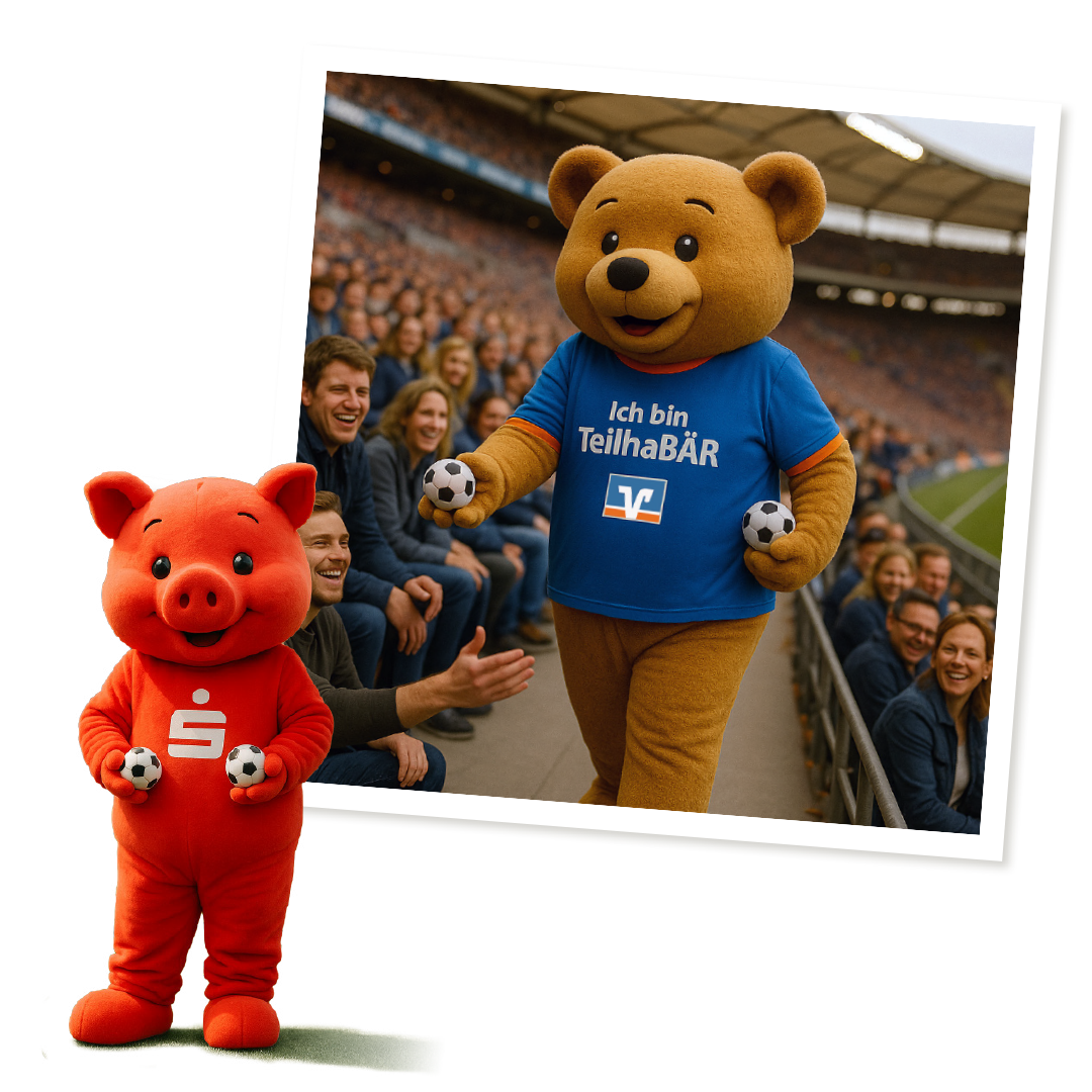 Zwei Maskottchen sind zu sehen: Der TeilhaBÄR läuft durchs Stadion und verteilt kleine Fußbälle. Daneben steht als Freisteller ein rotes Sparkassen-Sparschwein als Maskottchen mit 2 kleinen Fußbällen in den Händen