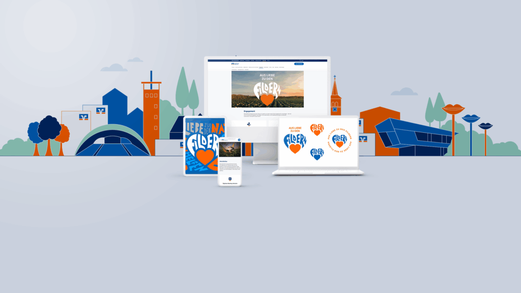iMac, Tablet, Phone und Laptop mit der Webseite von Filder sowie den Logovarianten für "Aus Liebe zu den Fildern. im Hintergrund sieht man das Spenden-Mastermotiv, welches die Wahrzeichen von Filder als stilisierte Skyline in den Farben der Volksbank zeigt.