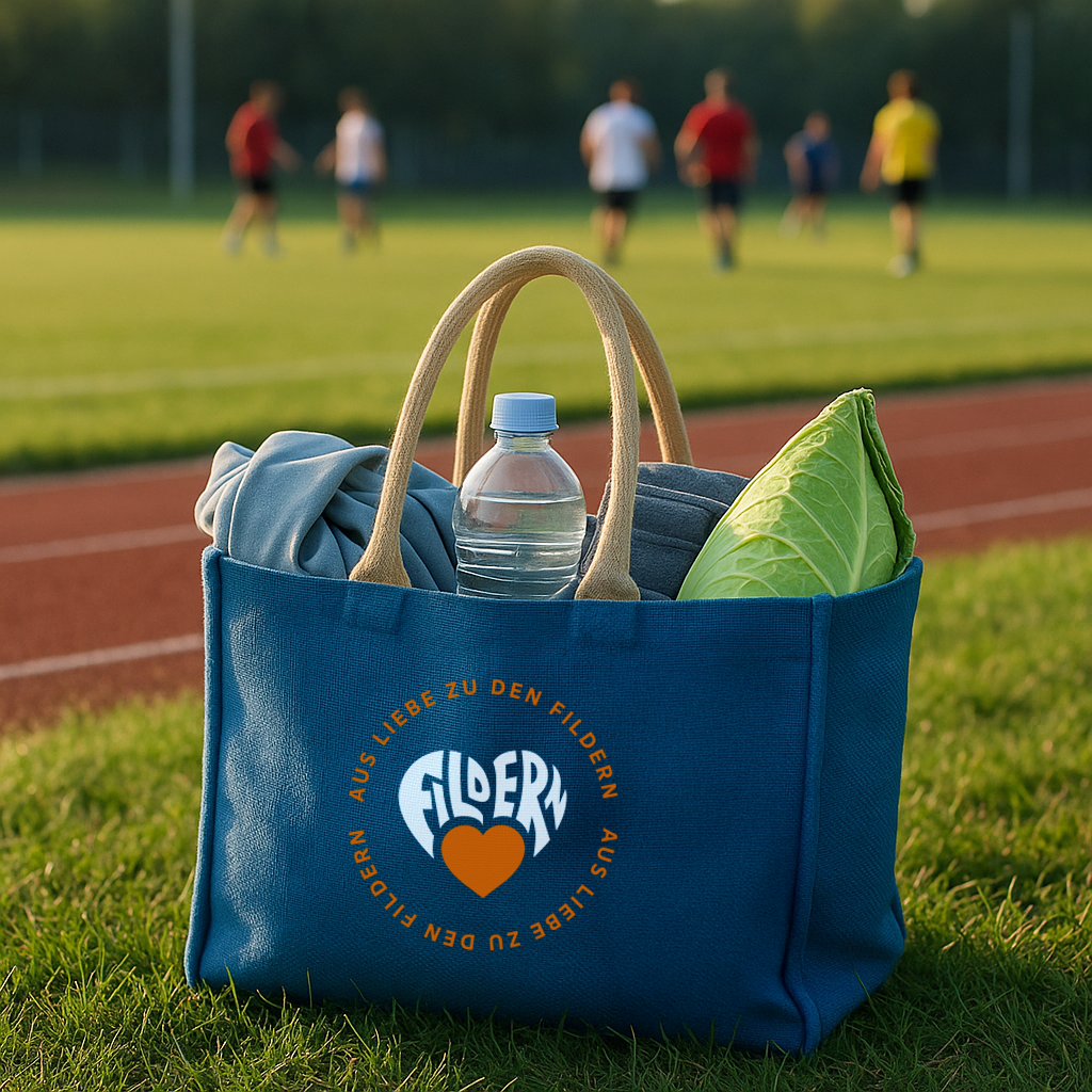 Ein blauer Jutebeutel, gefüllt mit einer Wasserflasche, Filderkraut und Sportkleidung, steht am Rande eines Sportplatzes, auf dem im Hintergrund Sportler zu sehen sind.