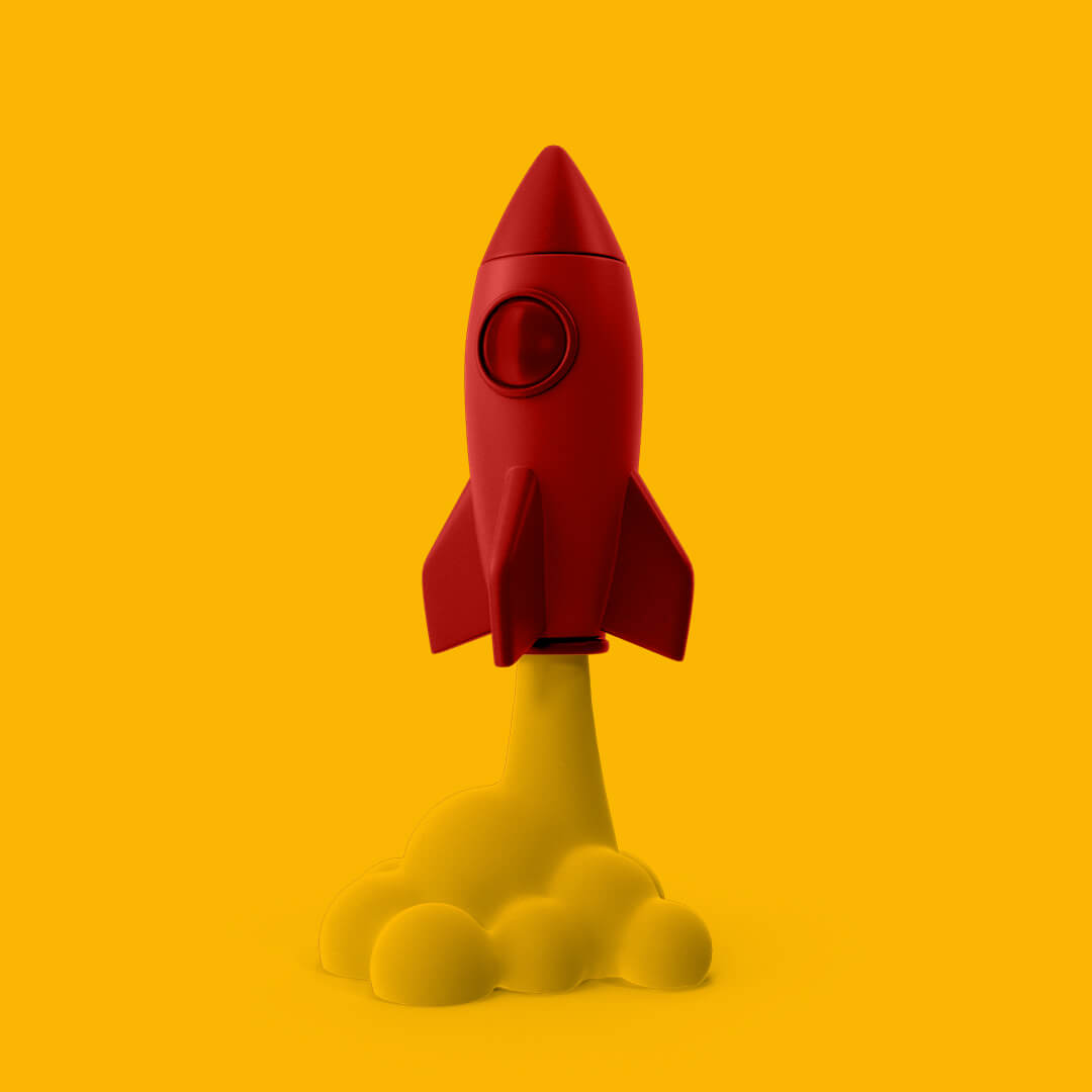 Eine stilisierte rote Rakete auf gelben Hintergrund.