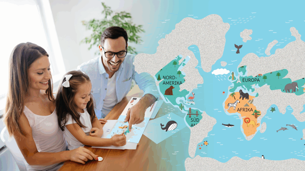 Eine Familie sitzt gemeinsam mit ihrem kleinen Entdecker am Tisch und entdeckt voller Freude die Traumreiseziele auf der Rubbelkarte.