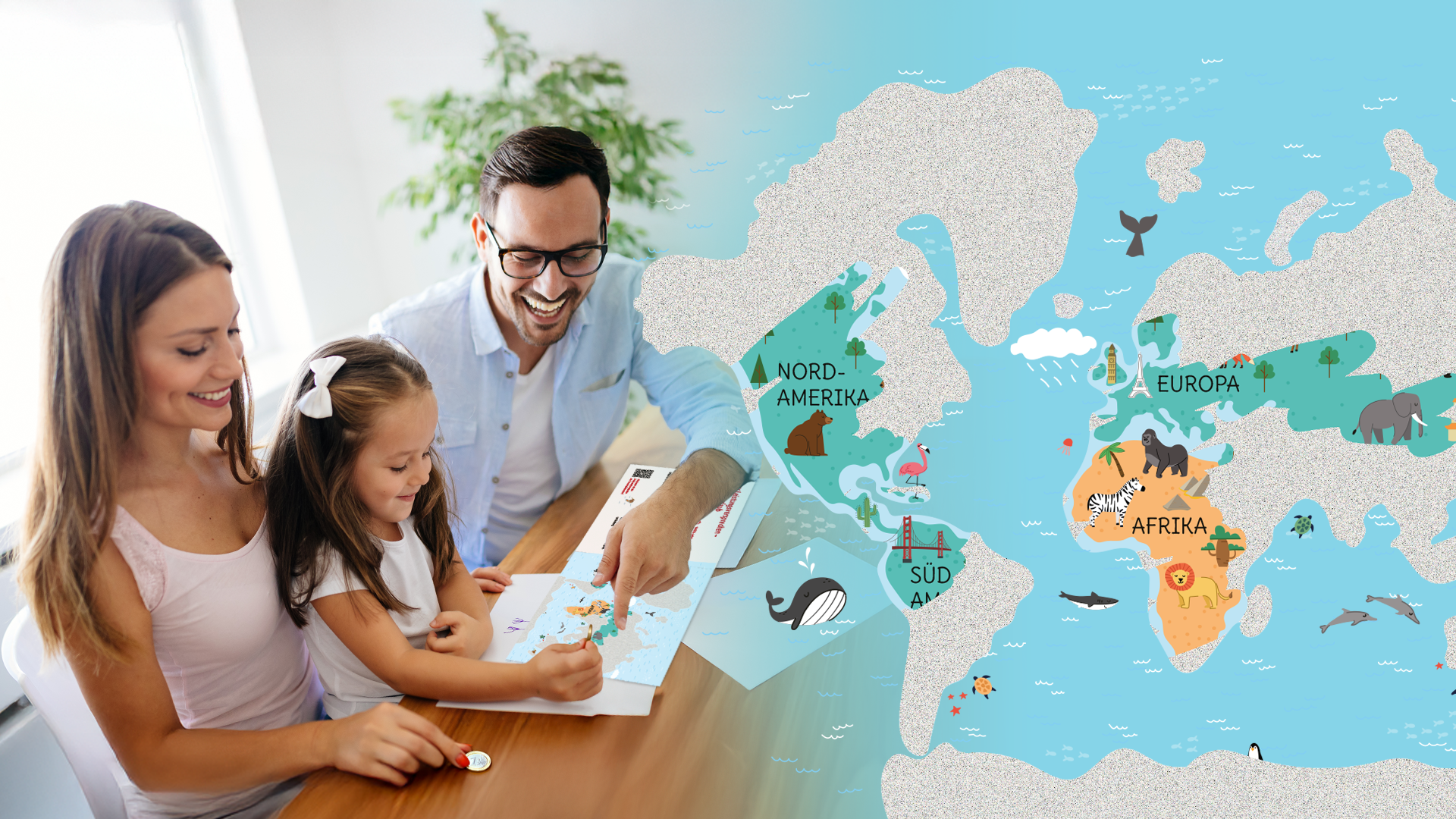 Eine Familie sitzt gemeinsam mit ihrem kleinen Entdecker am Tisch und entdeckt voller Freude die Traumreiseziele auf der Rubbelkarte.