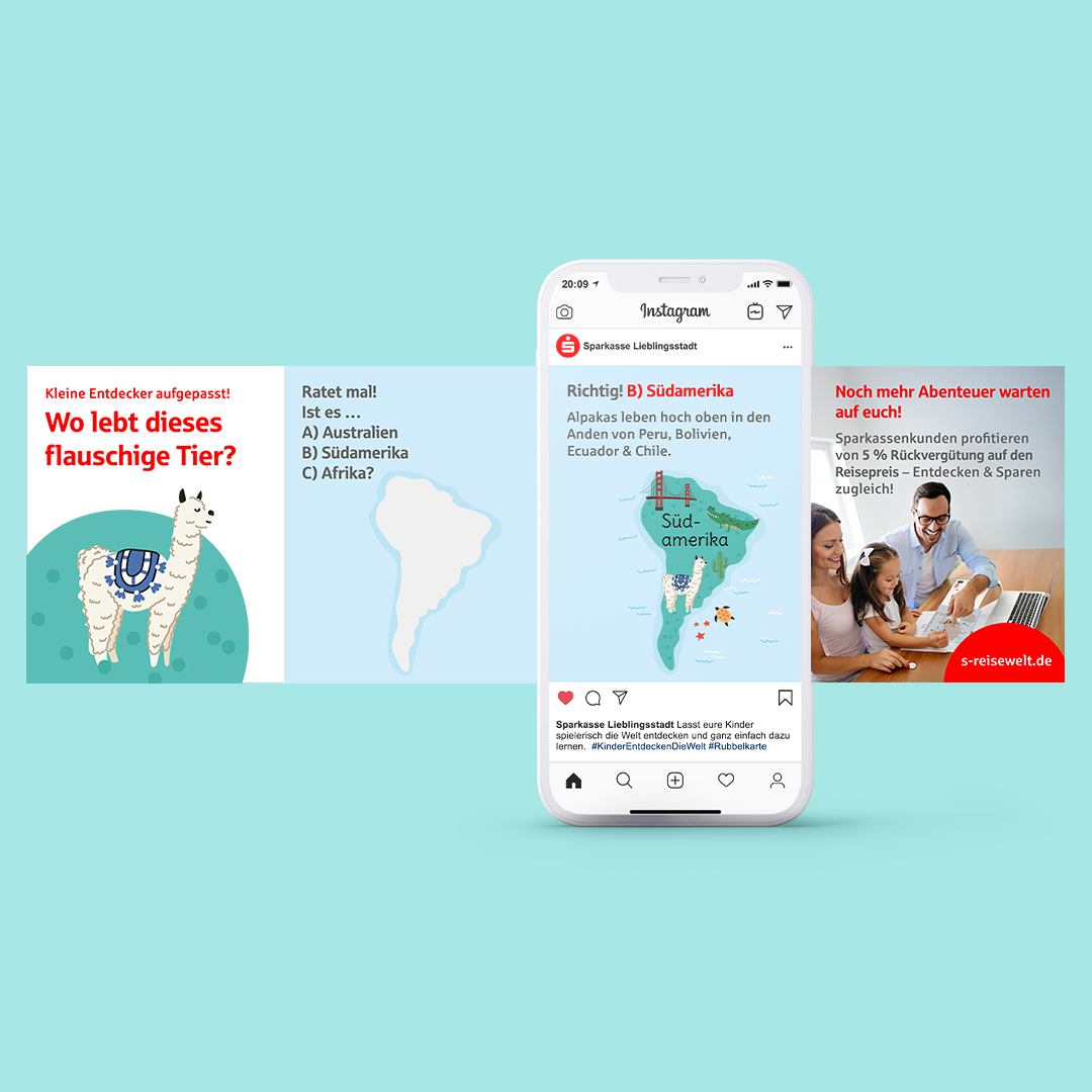 Social Media Beitrag auf Instagram für den Beitrag des Mailings mit Rubbellack - Kinder entdecken die Welt und sollen erraten, wo das Alpaka lebt.