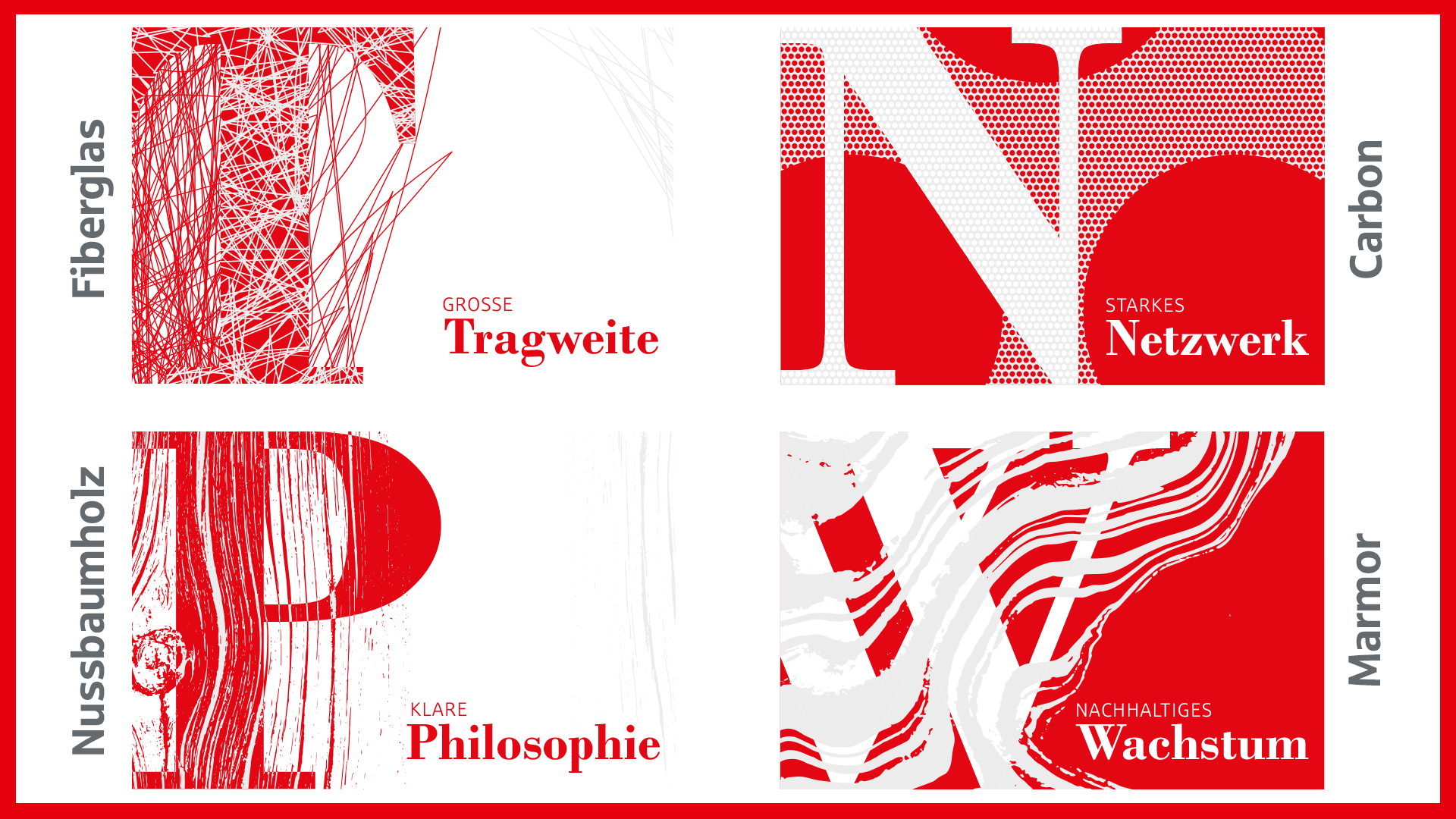Zusammenfassung der Strukturen in einer Übersicht: Carbon steht für Stabilität, Fiberglas für Tragweite und Flexibilität, Nussbaumholz vermittelt Wärme und Expertise, Marmor unterstreicht nachhaltiges Wachstum