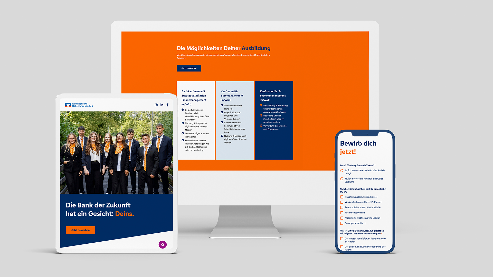 Imac, ipad und Smarthphone mit der Landingpage für Azubis der Raiffeisenbank Hohenloher Land