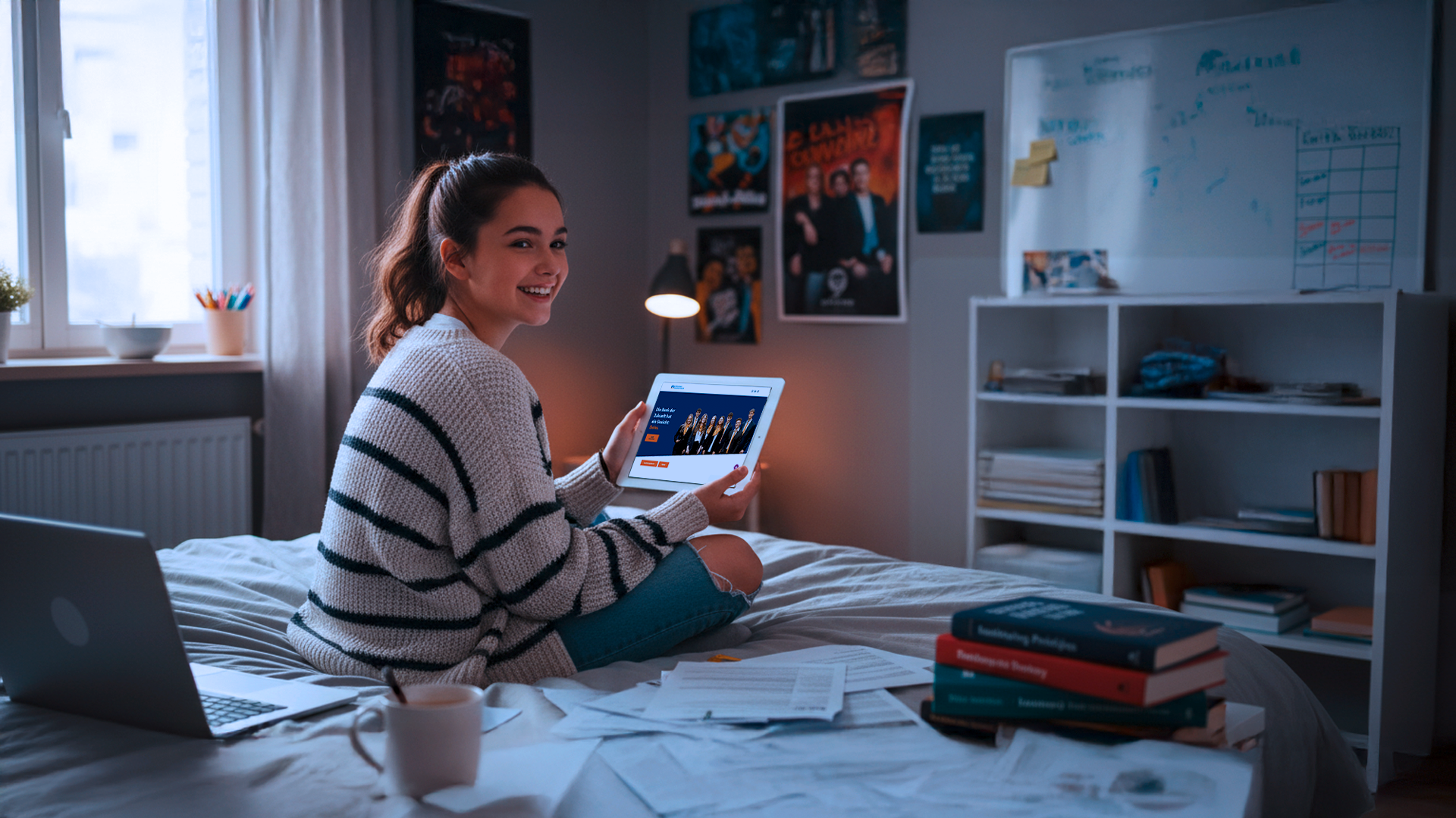 Junges Mädchen sitzt in ihrem Zimmer auf dem Bett und sieht sich auf dem Tablet die Azubi-Seite der Raiffeisenbank Hohenloher Land an