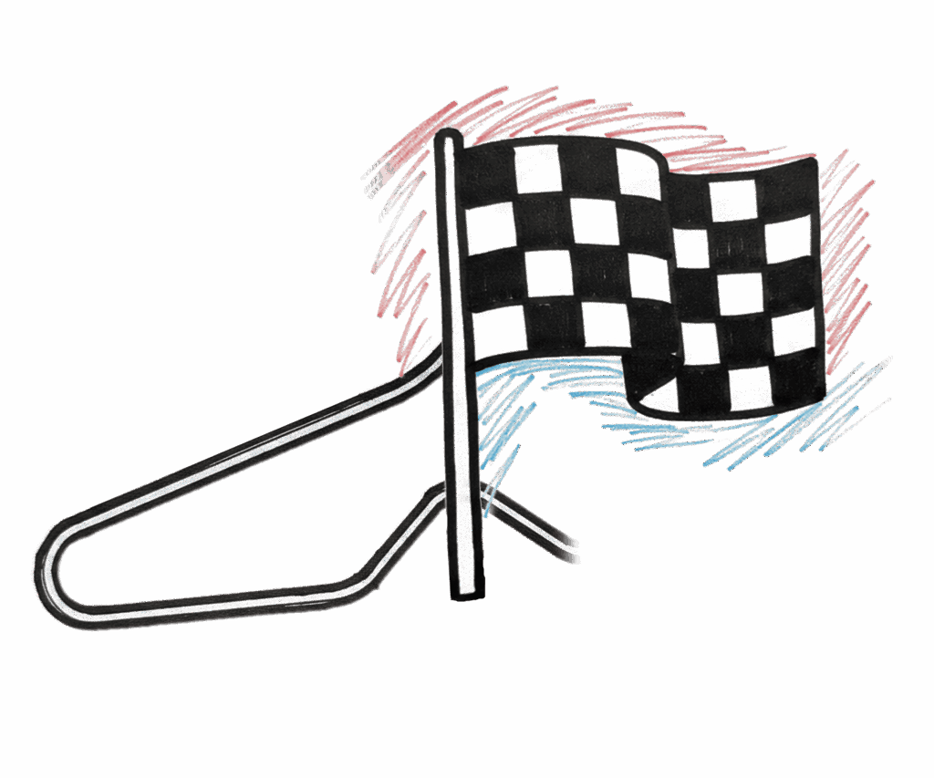 Eine Zielfahne und eine stilisierte Formel1-Strecke