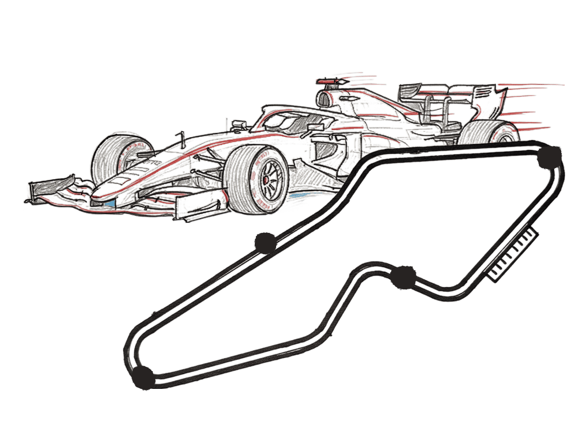 mit Markern gezeichnetes Formel1-Fahrzeug mit einer Fahrtstrecke und Teilzielen
