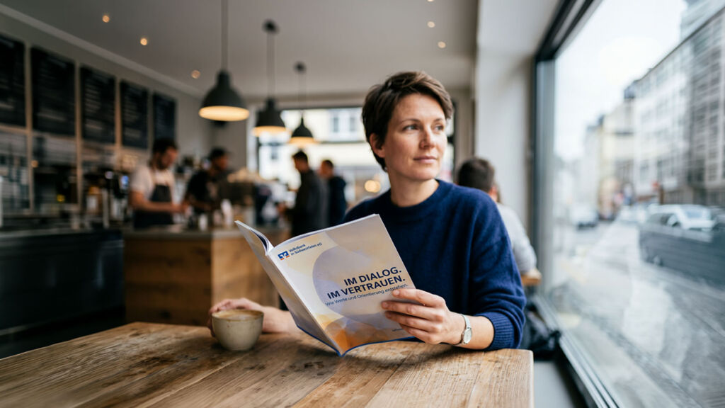 Eine Frau sitzt entspannt in einem Cafe und hält den Jahresbericht der Volksbank in Südwestfalen eG mit dem Titel "Im Dialog. Im Vertrauen." in den Händen.