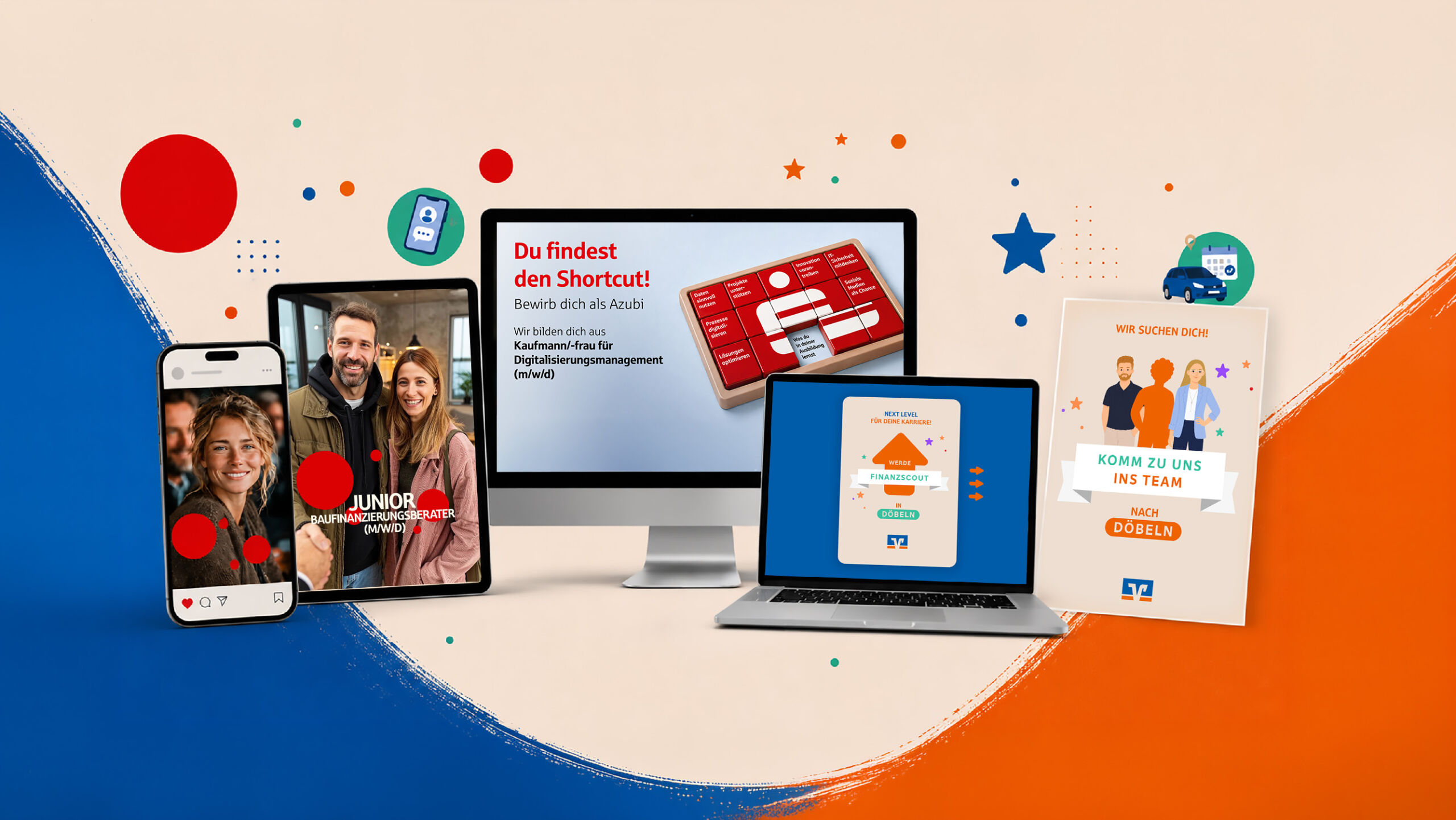 Eine Übersicht von digitalen Devices (Smartphone, Tablet, Laptop und iMac) sowie ein Poster mit einer illustativen Stellenanzeige der Volksbank Döbeln. Auf den digitalen Devices sind weitere kreative Stellenanzeigen der Sparkasse Spree-Neiße und der Kreissparkasse Herzogtum-Lauenburg zu sehen