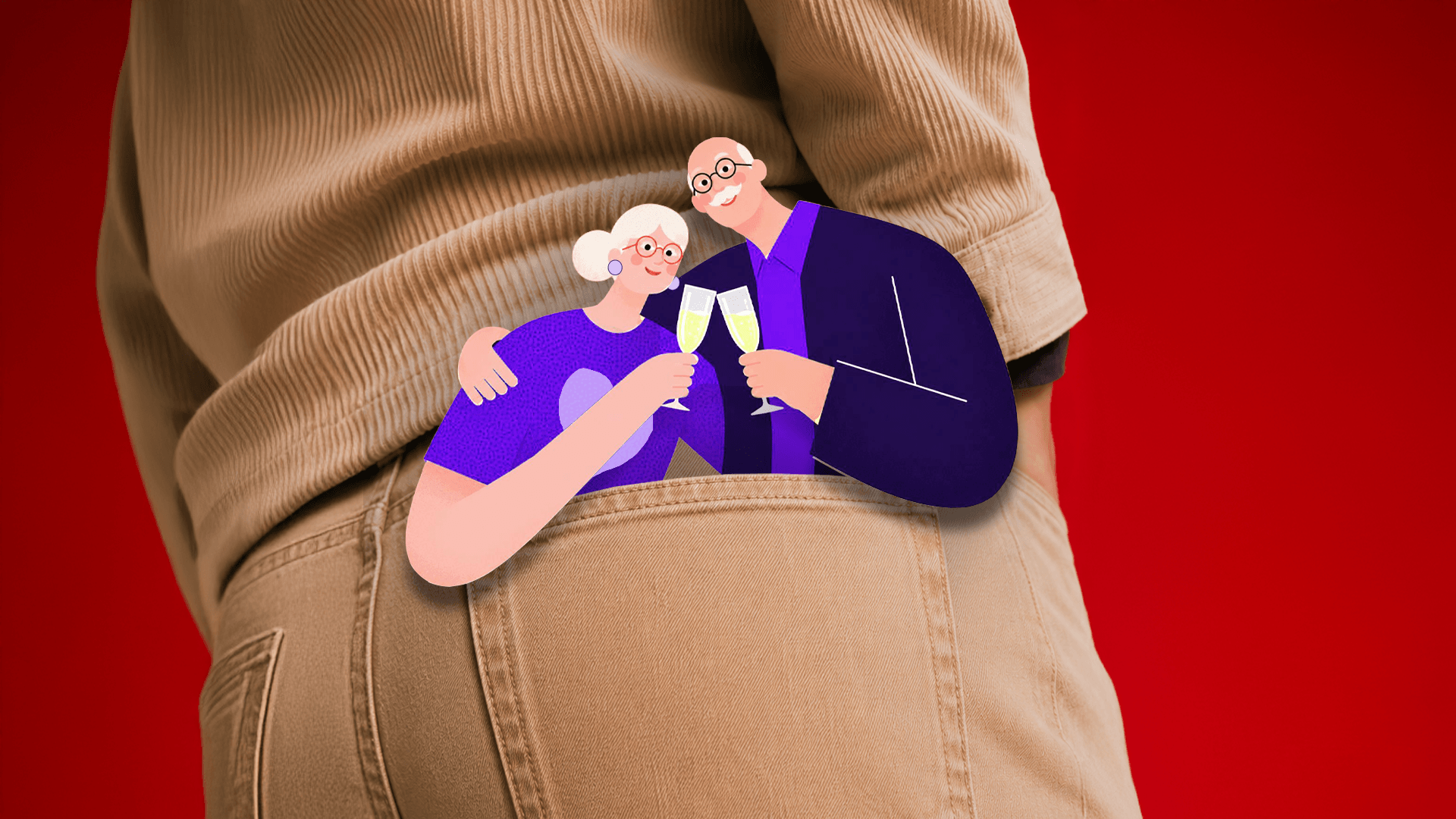 Illustration eines Rentnerpärchens, die aus einer Hosentasche mit einem Sektglas anstoßen.