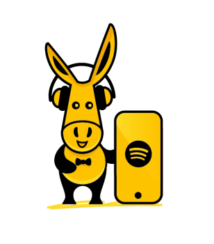 PEPE mit Kopfhörern und Smartphone mit Spotify-Logo